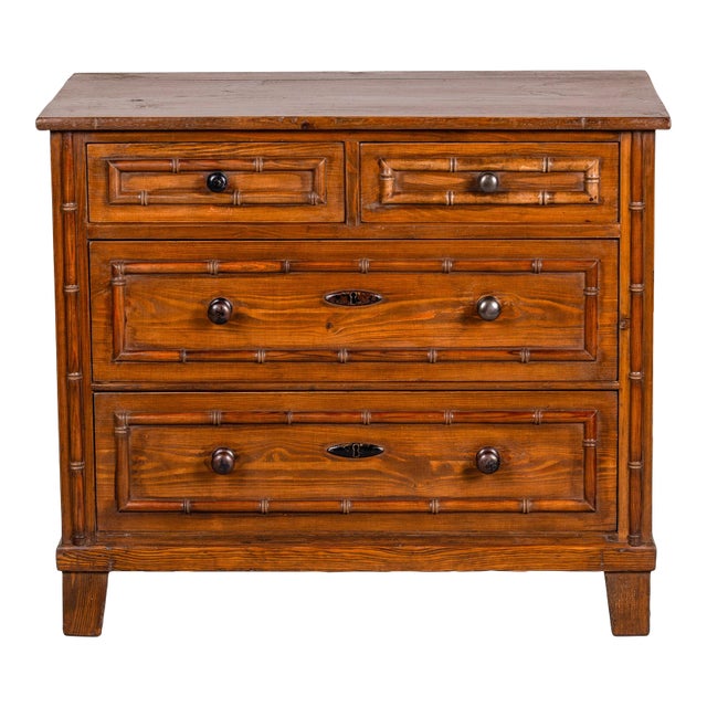 Early 20th Century English 4 Drawer Pine Chest With Bamboo Detail For Sale