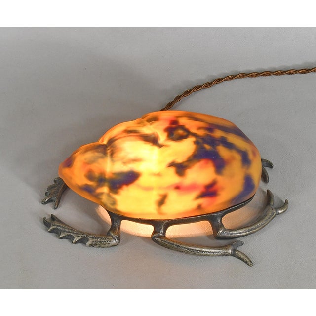 Muller frères scarab night lamp A rare French art deco night lamp in old nickel plating on bronze with a shade in mottled...
