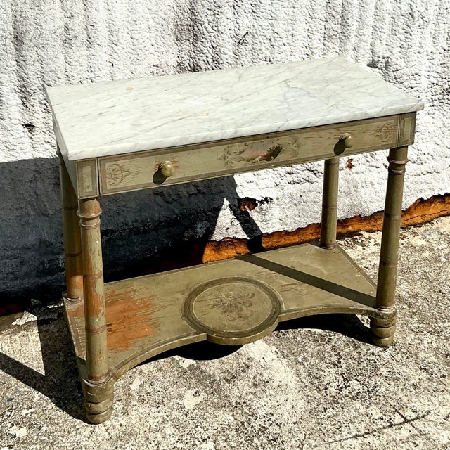 Asparagus Vintage Regency Hand Painted Crest Stone Top Table For Sale - Image 8 of 10