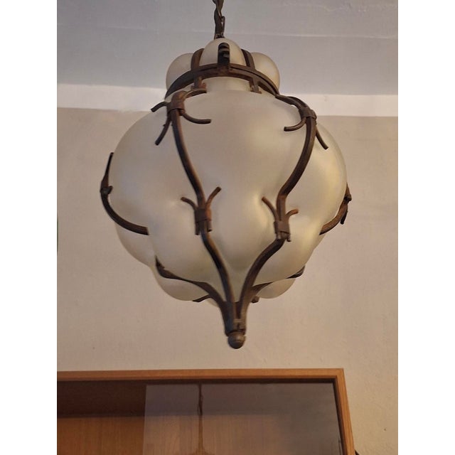 Mid-Century Modern Venetian Murano Blown Frosted Glass Hall Lantern Pendant Light in Iron Frame, Italy, 1960s For Sale - Image 3 of 11