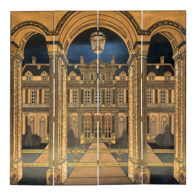 1980s Trompe l'Oeil Architectural Folly Four Panel Screen - Piero Fornasetti Homage For Sale