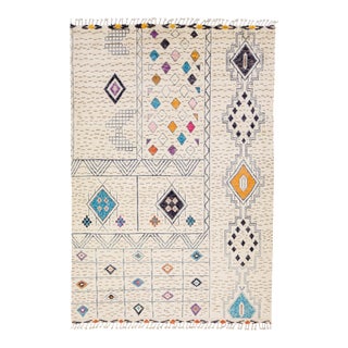 Beige Contemporary Morocan Style Multicolor Designed Wool Rug For Sale