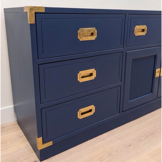Beautiful vintage solid wood Dixie campaign dresser professionally refinished in custom rich navy blue complemented by...