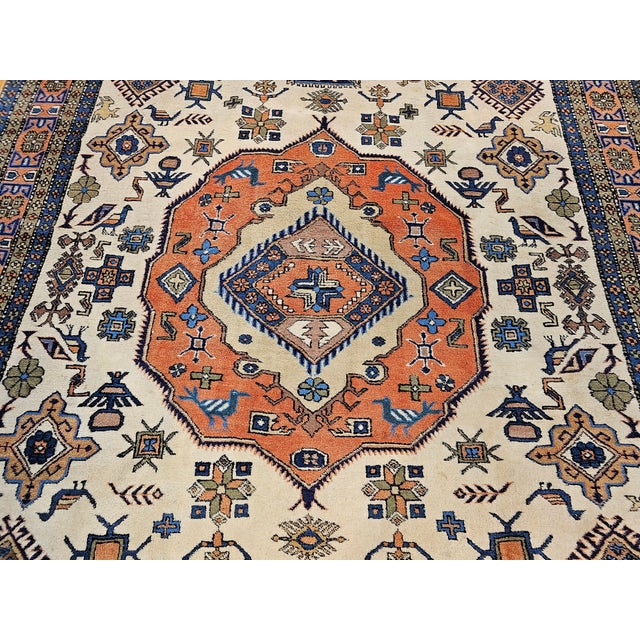 Vintage Room Size Ardabil Rug in Geometric Pattern in Ivory, Brick, Pale Blue, Olive For Sale - Image 4 of 16
