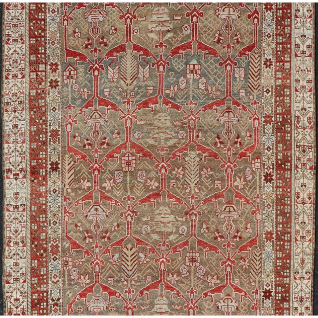 Kurdish Antique Gallery Runner With Tribal Design in Light Green, Tan and Red 5'6 X 10'11 For Sale - Image 9 of 16