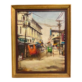 Elias Laxa Well-Listed Philippine Artist Rare 1964 Street Scene Painting For Sale