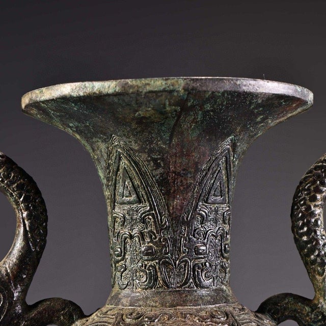 Pair of Chinese Archaistic Bronze Vases With Dragon Handles For Sale - Image 9 of 10
