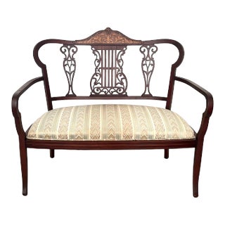 Two Seat Edwardian Mahogany Upholstered Traditional Settee (Loveseat) With Satin Wood Inlay For Sale