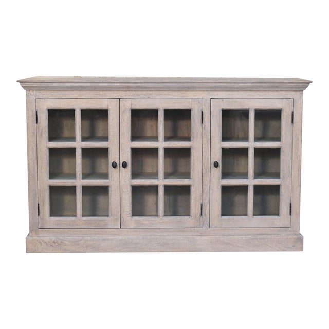 Aged Mango Wood Display Cabinet With Glazed Doors For Sale