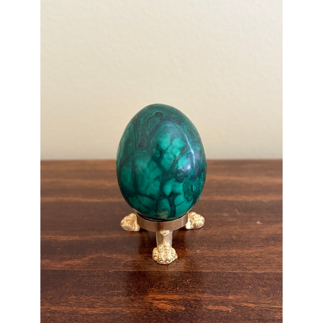 Late 20th Century Solid Malachite Egg on Neoclassical Brass Stand With Paw Feet For Sale - Image 5 of 8