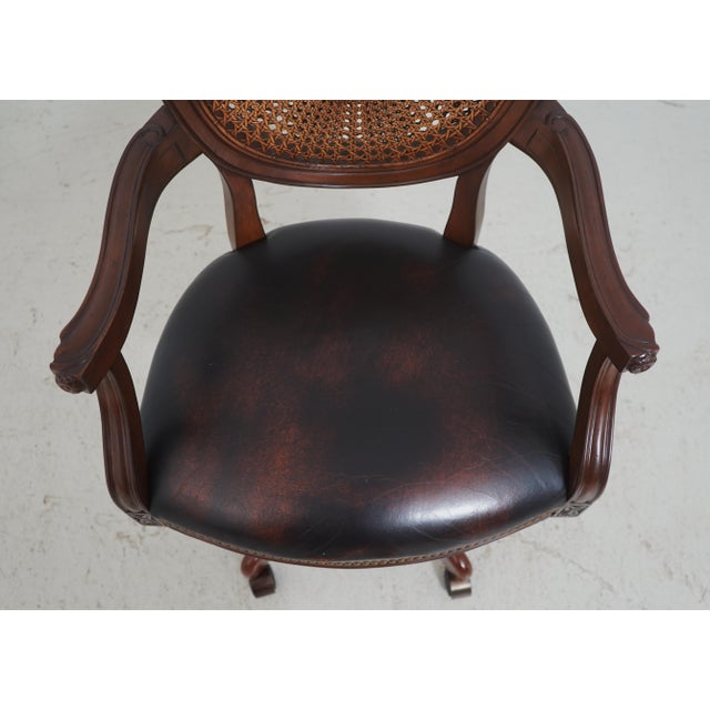 Vintage French Carved Cane Back Swivel Leather Desk Chair For Sale - Image 10 of 18