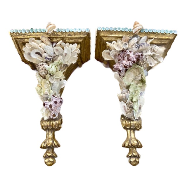 Shell-Encrusted Decorative Wall Brackets - Pair For Sale