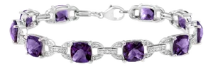 .925 Sterling Silver 7mm Cushion Cut Amethyst Gemstone and Diamond Tennis Link Bracelet (I-J Color, I1-I2 Clarity) - Size 7"