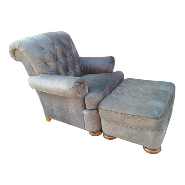 Traditional A Stunning Bluish-Grey Distressed Lake Hickory Collection Leather Chair & Ottoman. For Sale - Image 3 of 9