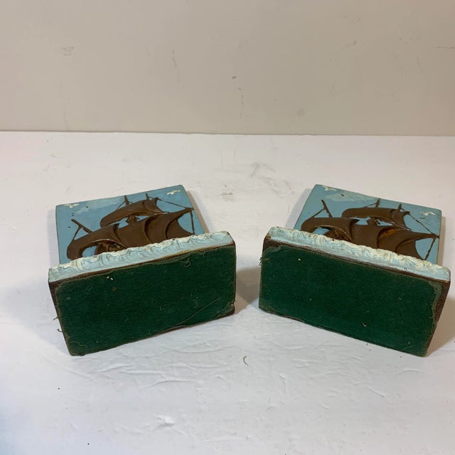 1920s Antique 1920s Painted Bronze Clad Tall Ship Mayflower Bookends - a Pair For Sale - Image 5 of 8