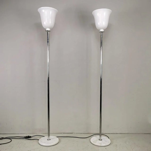 Silver Vintage Chromed-Plated Floor Lamps with Marble Bases and White Glass Diffusers in the style of Venini, 1970s, Set of 2 For Sale - Image 8 of 8