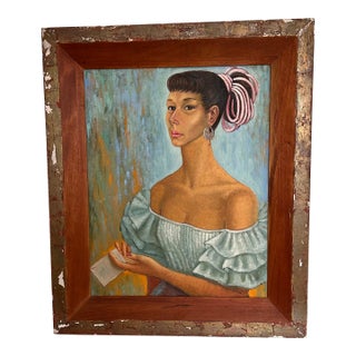 20th Century Oil Portrait of a Spanish Carmen Style Gypsy Woman in Large Frame For Sale
