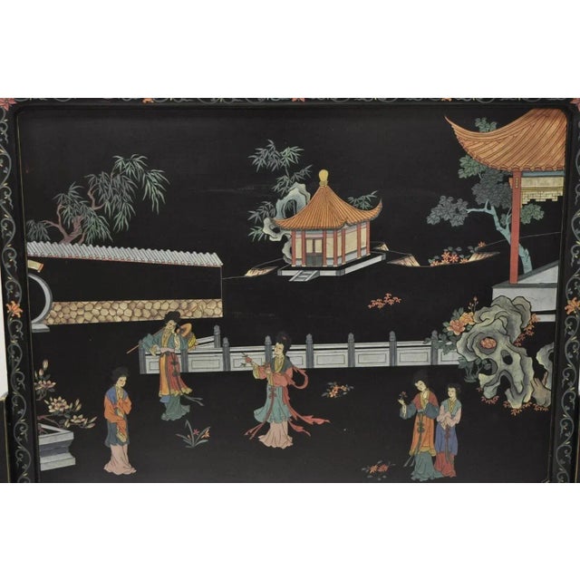 Vintage Chinese Black Lacquer Oriental Fireplace Screen Fire Screen Divider. Item featured is painted on both sides with...