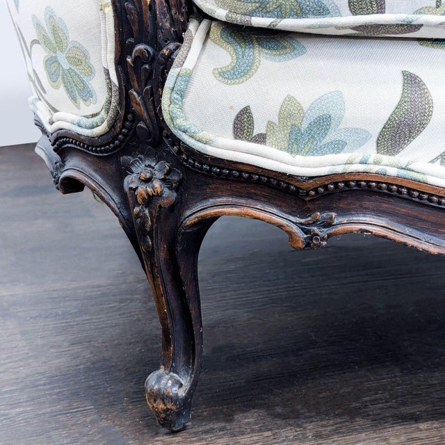Wood Charming Vintage 3-Seat Sofa With Floral Upholstery and Carved Wood Frame For Sale - Image 7 of 10