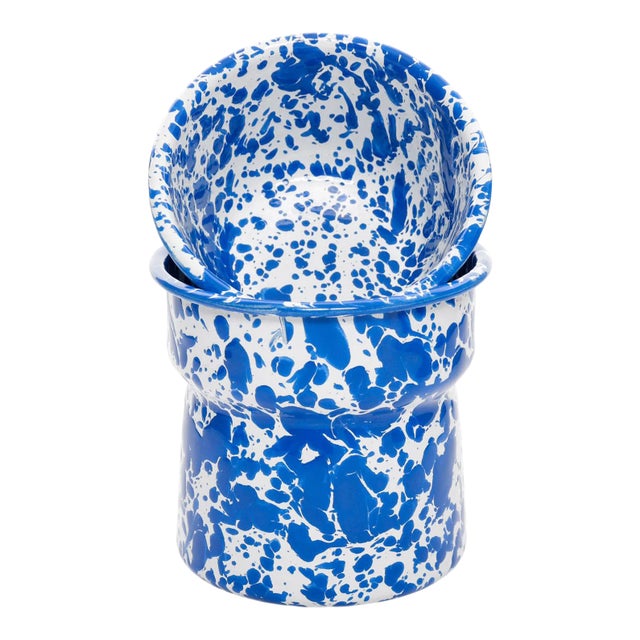 Crow Canyon Home Splatterware Blue & White Marble Dip Chiller with Base & Bowl - A Pair For Sale