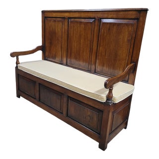 Oak Paneled High Back Bench With Upholstered Seat For Sale