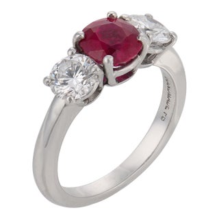 Vintage Gia 1.25 Carat Burma Ruby Diamond Platinum Three Stone Ring, Size 6.5 For Sale