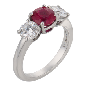Vintage Gia 1.25 Carat Burma Ruby Diamond Platinum Three Stone Ring, Size 6.5