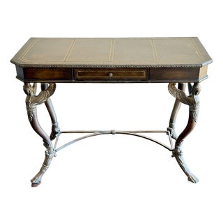 Vintage Egyptian Revival Leather Top Console Table Desk With Winged Woman Caryatid Sphinx Base For Sale