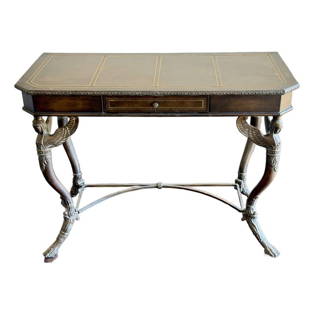 Vintage Egyptian Revival Leather Top Console Table Desk With Winged Woman Caryatid Sphinx Base For Sale