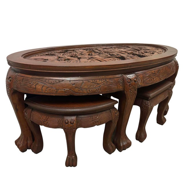Chinese Mid-20th Century Chinese Massive Oval Carved Coffee Table With 6 Nesting Stools For Sale - Image 3 of 12