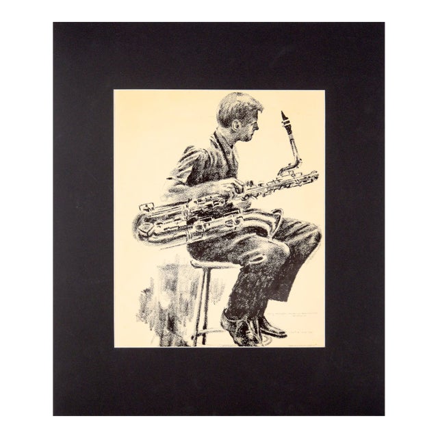 Gerry Mulligan, Baritone Sax - Rare Signed Figurative Lithograph in Ink on Paper by Eugene Hawkins For Sale