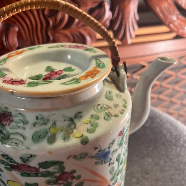 Antique Famille Rose Porcelain Tea Pot With Insulated Wicker Basket For Sale - Image 4 of 13