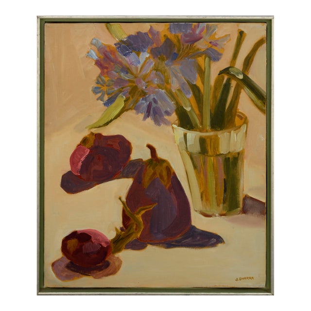 Pear & Cut Flowers in a Glass, Botanical Still Life in Magentas by Josephine Guerra For Sale