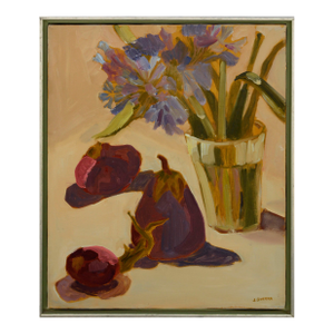Pear & Cut Flowers in a Glass, Botanical Still Life in Magentas by Josephine Guerra