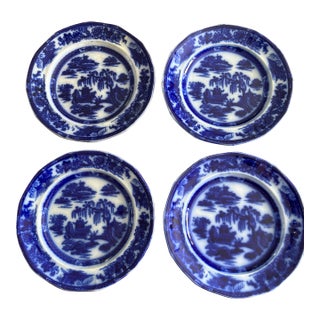 Antique 1830’s Podmore & Walker Manila Flow Blue Plates- Set of 4 For Sale
