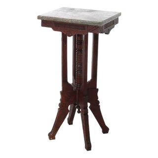 Antique Eastlake Chip Carved Walnut Marble Top Stand C1900 For Sale