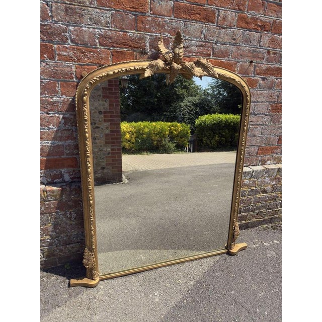 Glass Large Antique English Carved Wood and Gesso Arched Top Gilt Overmantel Mirror For Sale - Image 7 of 7