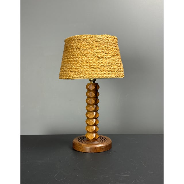 Wood Mid-Century Modern French Brutalist Turned Wood Table Lamp in the style of Charles Dudouyt, 1950s For Sale - Image 7 of 17