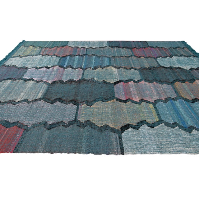 Blue Contemporary Multi-Color Kilim Handmade Geometric Wool Rug For Sale - Image 8 of 9