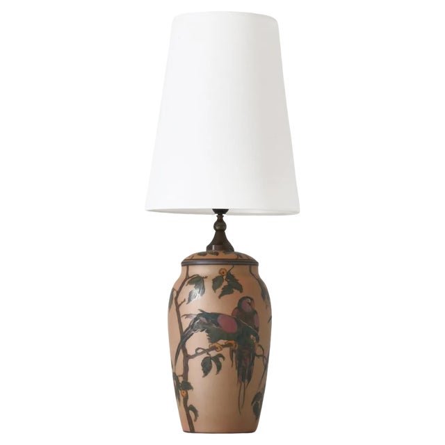Art Nouveau Ceramic Table Lamp Hand Decorated with Parrots, Denmark, 1930s For Sale