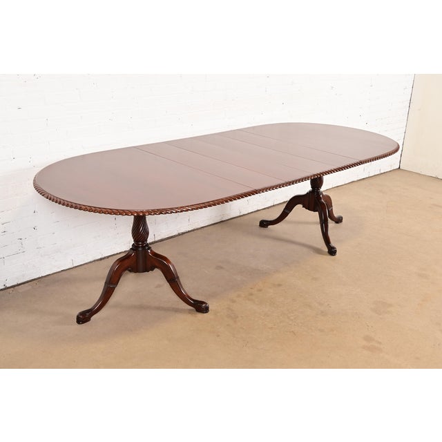 Baker Furniture Style Georgian Carved Walnut Double Pedestal Extension Dining Table, Newly Refinished For Sale - Image 14 of 14