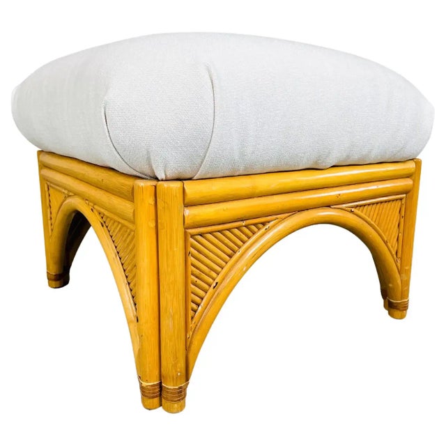 Wood Boho Rattan Bamboo Pouf Ottoman Having Fresh Upholstery and Cushioning For Sale - Image 7 of 7
