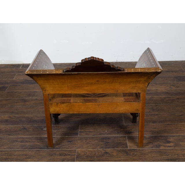 Brown Moorish Style Moroccan 1900s Armchair with Mother of Pearl Geometric Inlay For Sale - Image 8 of 12
