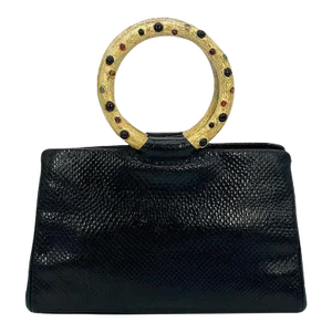 Judith Leiber Black Lizard Round Gold Gemstone Top Handle Bag