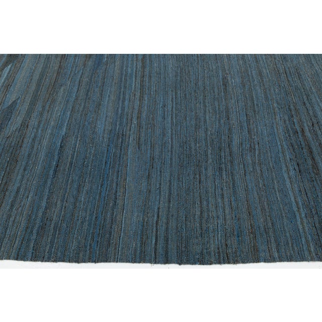 Modern Minimalist Slate Blue Handmade Kilim Wool Rug 12x18 For Sale - Image 11 of 12