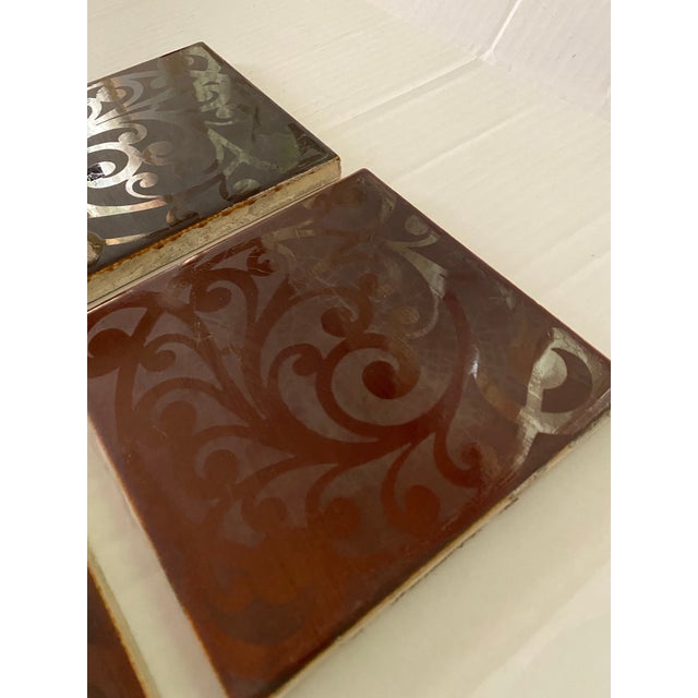 Victorian Antique 1890s AETCo Maroon Majolica Ceramic Tiles - Set of 4 For Sale - Image 3 of 12