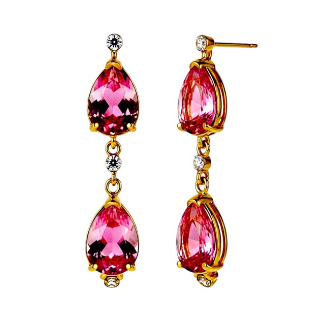 14k Yellow Gold Natural Pink Topaz and Diamond Long Drop Earrings For Sale - Image 12 of 12