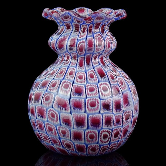 Mid-Century Modern Vintage Murano Fratelli Toso Amethyst Pink Blue White Millefiori Flower Mosaic Italian Art Glass Bud Vase For Sale - Image 3 of 9