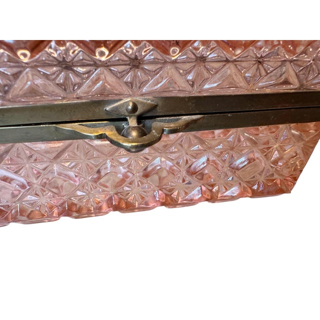 Large Antique Continental Pink Pressed Glass Jewelry Casket With Brass Mounts For Sale - Image 9 of 9