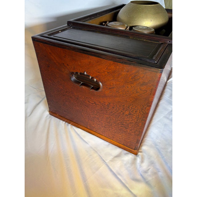 Brown Authentic Taisho / Early Showa Era Japanese Keyaki Wood Naga-Hibachi Tansu With Brazier Set For Sale - Image 8 of 12